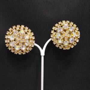 Vintage 1960s AB Rhinestone Clip Earrings, Gold Plated